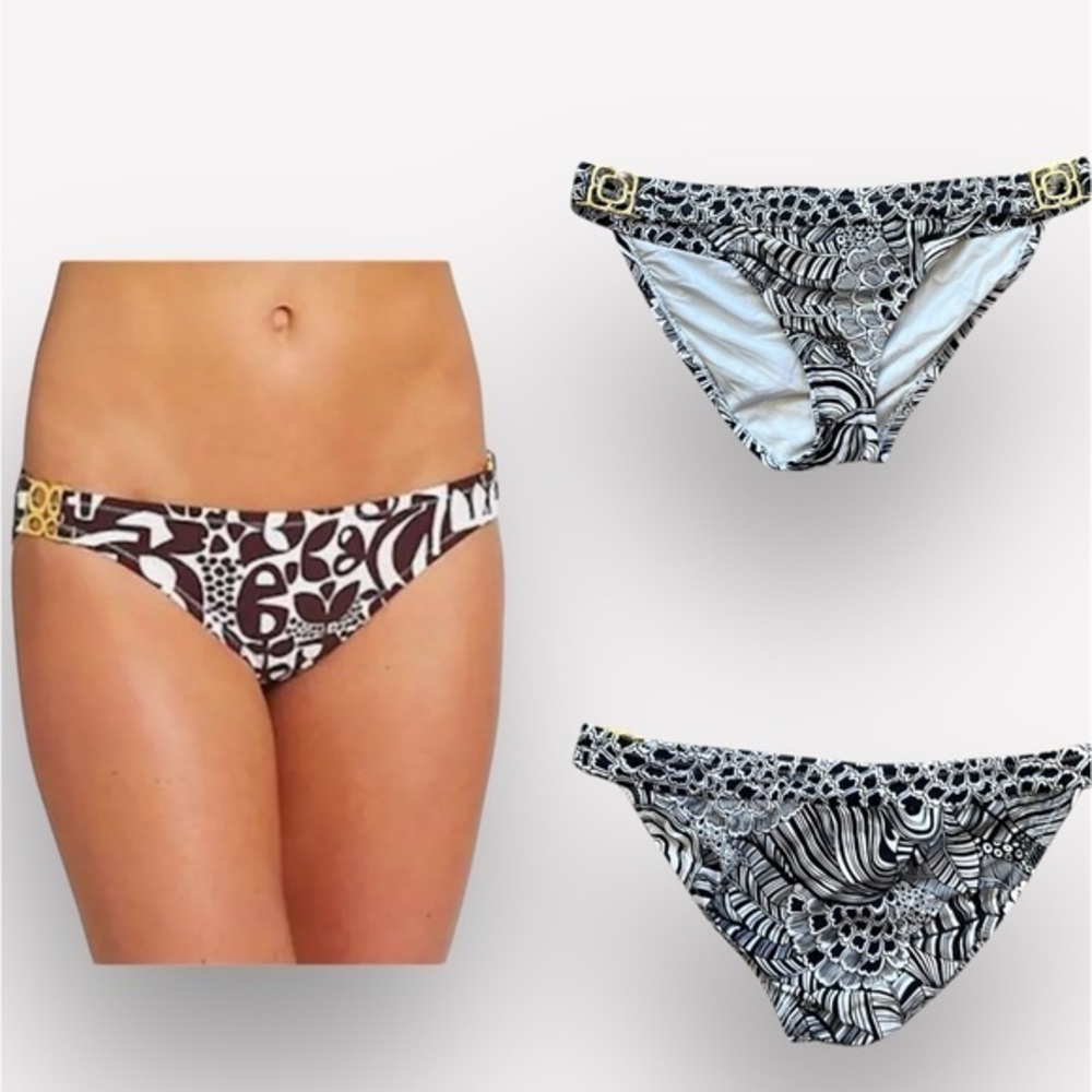 🇪🇸🥑Trina Turk bikini bottom black white pattern gold hardware size 4